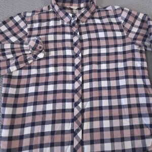 Athleta Shirt Womens L Pink Navy Lumberjill Plaid Button Down Cotton Blend Top